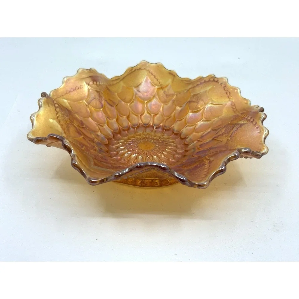 1915 Marigold Dugan Carnival Glass Iridescent Bowl Ruffled Fish scale & Beads